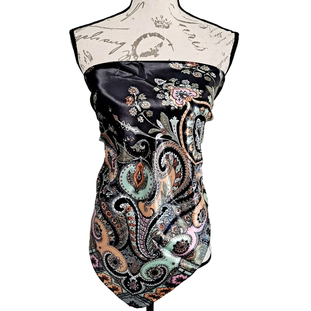 Satin square scarf black Paisley boho colorful neck hair & head elegant 2/$30